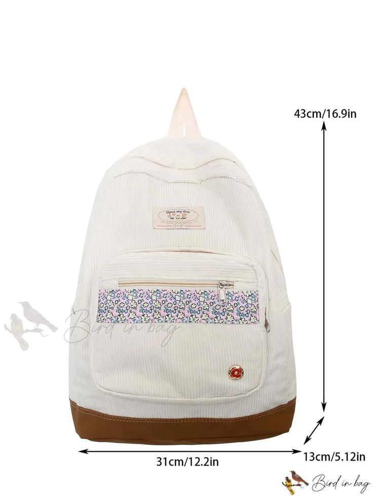 Bird in Bag - White Floral Print Large Capacity Multi-Pocket Bag Back To School Shoulder Bag With Pockets, Rectangular Canvas Bag With Pockets For Students, Canvas Shoulder Bag With Pockets For Back To School, Back To School Canvas Shoulder Bag With Pockets, Beige Softback Backpack With Pockets, Beige Shoulder Bag Backpack With Pockets, Student Shoulder Bag With Pockets For Back To School, Beige Shoulder Backpack With Pockets, Student Bags With Pockets For Back To School