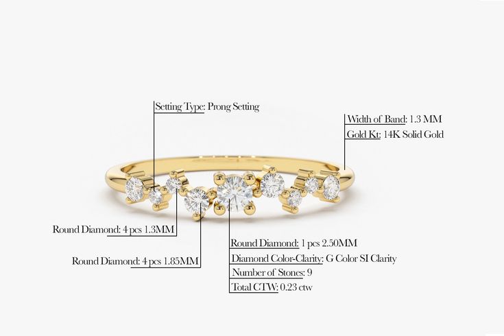 "Multistone Diamond Ring / 14k Gold Diamond Cluster Ring / Gold Ring / Promise Ring / Rose Gold Wedding Band / Stacking Ring Item Details * Made to Order. * Gold Kt: 14K Solid Gold * Custom Gold Color: Rose Gold, Yellow Gold, White Gold * Round Diamond: 1 pc 2.50MM * Round Diamond: 4 pcs 1.85MM * Round Diamond: 4 pcs 1.30MM * Total Number of Stones: 9 * Total CTW: 0.23 Ctw * Diamond Color-Clarity: G Color Si1 Clarity * Setting Type: Prong * Band Width: 1.3MM * Ready to Ship in 7-10 Business Days Dainty Cluster Ring With Single Cut Diamonds For Anniversary, Dainty Yellow Gold Cluster Ring For Anniversary, Heirloom Style Stackable Rings With Vvs Clarity For Gift, Dainty Cluster Ring With Round Band For Anniversary, Yellow Gold Moissanite Cluster Ring Gift, Heirloom Style Cubic Zirconia Stackable Anniversary Rings, Heirloom Cubic Zirconia Stackable Rings For Anniversary, Gold Moissanite Stackable Rings As Gift, Yellow Gold Rose Cut Diamond Jewelry For Anniversary