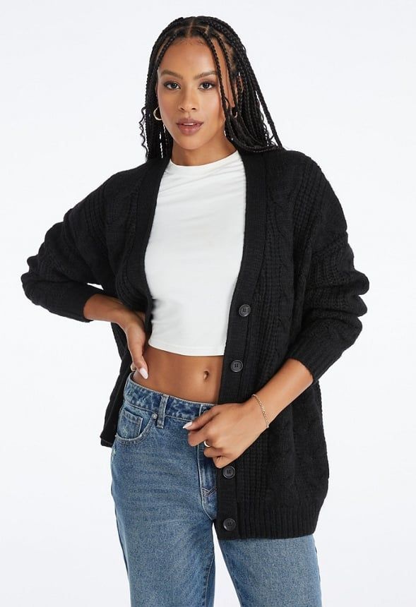 Cable Boyfriend Cardigan Trendy Cable Knit Cardigan For Layering, Trendy Button-up Sweater Coat, Trendy Cable Knit Button-up Outerwear, Trendy Cable Knit Outerwear, Boyfriend Cardigan, Sweaters Cardigan, Clothing Sweaters, Black Caviar, Female Fashion