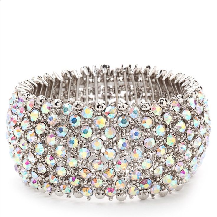 Meghan Fabulous Cynthia Bangle Crystal Opal Bracelet New Without Tags By Meghan Fabulous/Meghan La Multi-Colored Crystals With Silver Hardware Have Opal Like Sheen Stretch Cuff Glamorous Silver Bracelet For Party, Silver Stretch Bangle Bracelet For Party, Elegant Silver Stretch Bracelet With Bling, Silver Stretch Bracelet With Rhinestones, Silver Crystal Bangle Bracelet For Party, Silver Bangle Crystal Bracelet For Party, Silver Rhinestone Bracelets For Party, Silver Bracelets With Rhinestones For Party, Adjustable Silver Stretch Bracelet For Party