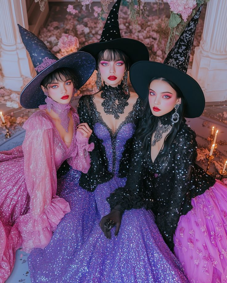 three witches sitting on the floor in dresses and hats