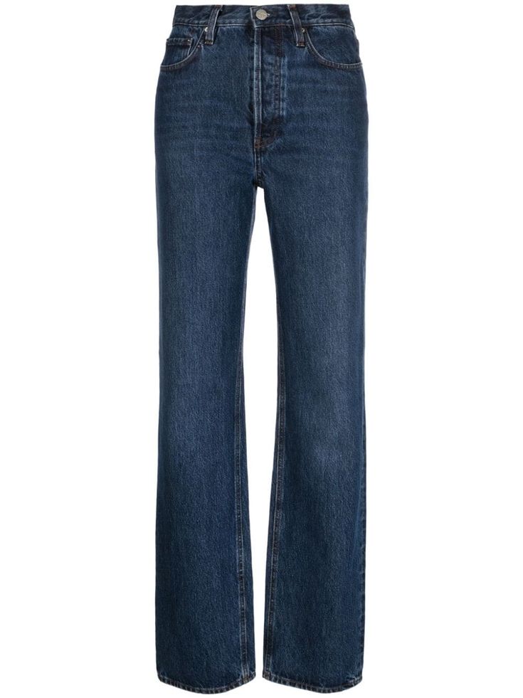 Find TOTÊME Classic Cut Straight-leg Jeans on Editorialist. indigo blue cotton high waist belt loops button fly fastening classic five pockets straight leg Dark Wash Straight Leg Jeans, Blue Straight Jeans, Everyday Uniform, Indigo Jeans, Straight Cut Jeans, Dark Blue Jeans, Looks Chic, Clothespins, Dark Wash Jeans