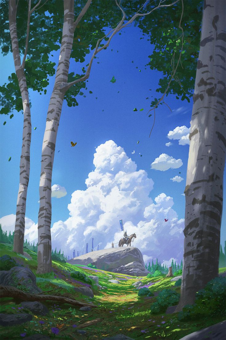 an anime scene with trees, rocks and sky