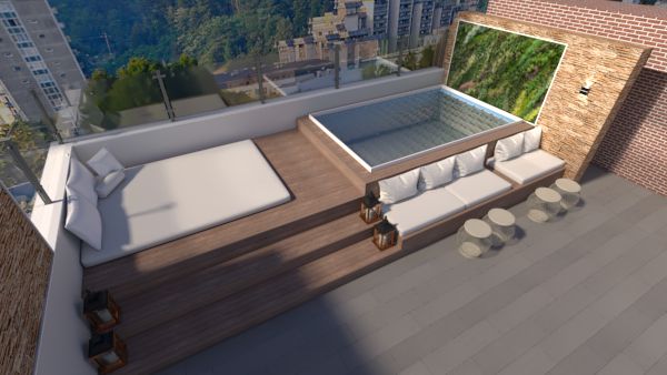 an artist's rendering of a rooftop lounge area on top of a high rise building