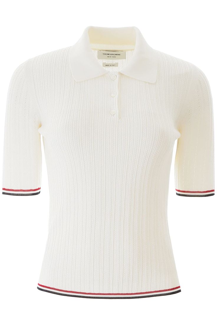 Thom Browne openwork knit polo shirt made from cotton yarn, featuring a regular fit, tricolour-striped edges, pointed collar, button closure. The model is 177 cm tall and wears a size IT 38. Composition: 94% cotone, 06% viscosa Knit Polo Shirt, Polo Shirt Dress, Pleated Shirt, Polo Shirt White, Knit Polo, Fashion Wishlist, Striped Sleeve, Cotton Polo Shirt, Tennis Dress