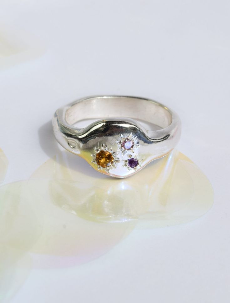 Silver Citrine Birthstone Ring With Accent Stones, Topaz Stone Ring Gift, Sterling Silver Crystal Ring With Stones And Open Design, Topaz Rings With Stones For Gift, Topaz Rings With Stones As Gifts, Sterling Silver Gemstone Signet Ring For Promise, Sterling Silver Signet Ring With Accent Stones For Promise, Open Birthstone Ring With Gemstone In Sterling Silver, Round Sterling Silver Amethyst Ring