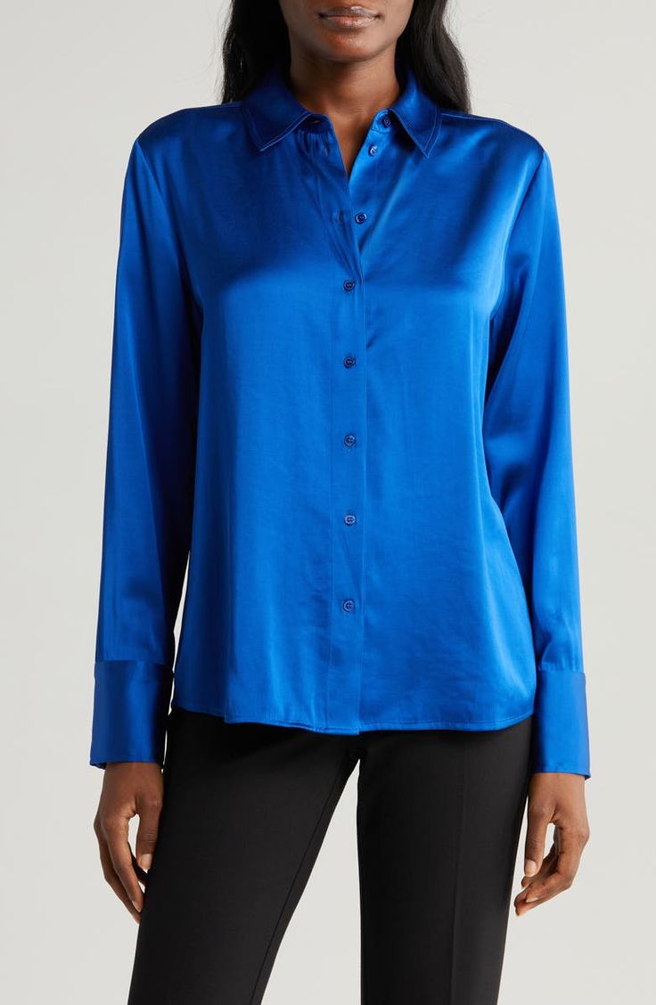 Nordstrom Satin Shirt | Nordstrom Semi-formal Sleek Collared Blouse, Silk Office Shirt With Fold Down Collar, Silk Shirt With Lapel Collar For Work, Silk Workwear Shirt With Placket, Chic Formal Shirt With Collared Neckline, Formal Silk Top With Fold Down Collar, Formal Silk Tops With Fold Down Collar, Silk Tops With Hidden Button Closure For Work, Satin Long Sleeve Top For Office