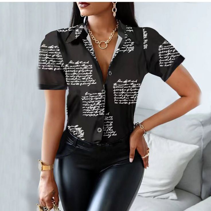 Summer Women Black Floral Print Top Shirt Fashion Casual Short Sleeve Turn-down Collar Tops Shirts New Elegant Slim Button Shirt Trendy Black Top With Collared Neckline, Trendy Black Top With Casual Collar, Black Collared Top With Button Closure, Black Top With Button Closure And Collared Neckline, Collared Black Blouse With Buttons, Casual Black Collared Shirt, Casual Black Shirt With Collared Neckline, Trendy Button-up Tops With Letter Print, Black Collared Tops With Button Closure