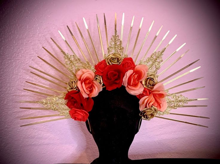 This is a gorgeous headpiece that is perfect for any event or photoshoot. Each spike is approximately 7.5 inches. The headpiece is made from a flexible headband, with zip ties, gold lace, and satin and foam roses. Each headpiece is handmade and can have slight variations from the photos. Spiked Crown, Crown Headpiece, Foam Roses, Henderson Nv, Zip Ties, Gold Lace, Costume Hats, Red Gold, Headpiece