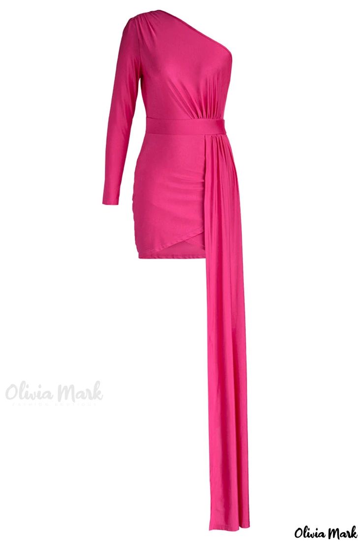 Olivia Mark - Exquisite Rose Red Asymmetrical Evening Dress with Oblique Collar Pink Mini Dress With Asymmetrical Neckline For Date Night, Elegant Pink Asymmetrical Mini Dress, Pink Spring Asymmetrical Draped Dress, Pink Asymmetrical Evening Mini Dress, Pink Asymmetrical Mini Dress For Evening, Pink Fitted Draped Asymmetrical Dress, Fitted Pink Asymmetrical Dress With Asymmetrical Hem, Chic Pink Asymmetrical One Shoulder Dress, Pink Asymmetrical One Shoulder Dress For Spring