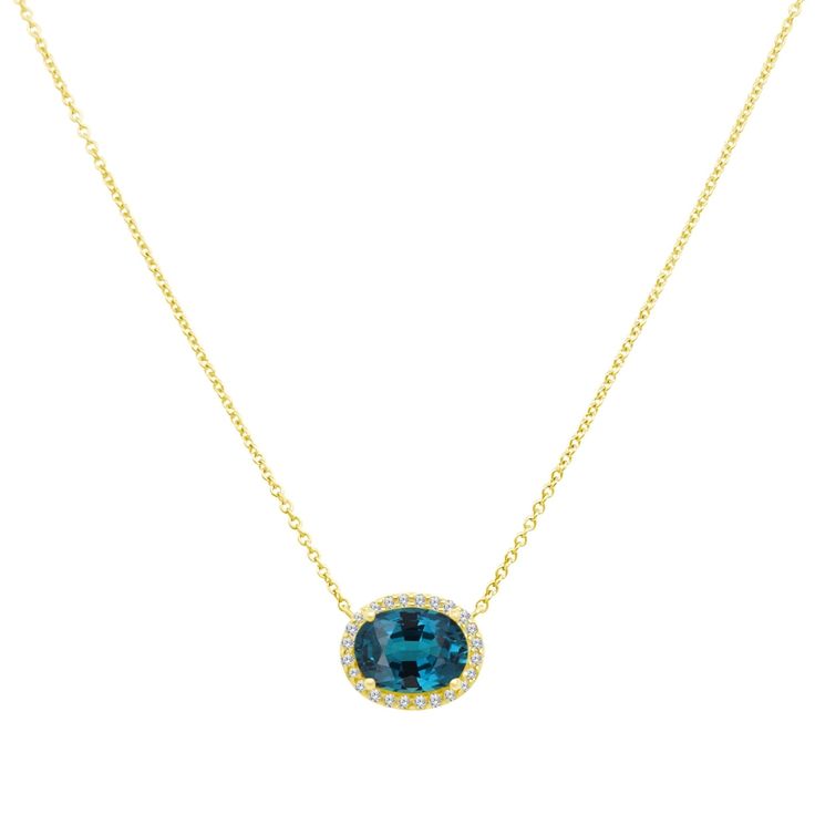 Oval Gemstone & Diamond Halo Necklace - Lindsey Leigh Jewelry Luxury Oval Necklaces With Gemstone Accents, Oval Yellow Gold Birthstone Necklace With Gemstone, Elegant Blue Necklace With Accent Stones, Elegant Oval Pendant Birthstone Necklace, Fine Jewelry Oval Pendant Birthstone Necklace, Oval Blue Diamond Necklaces, Blue Oval Diamond Necklaces, Oval Necklace With Diamond Accents, Fine Jewelry Birthstone Necklace With Oval Pendant