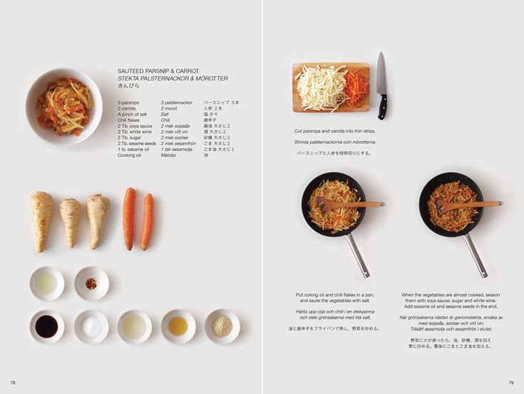 an open book with different types of food on the pages, including noodles and carrots