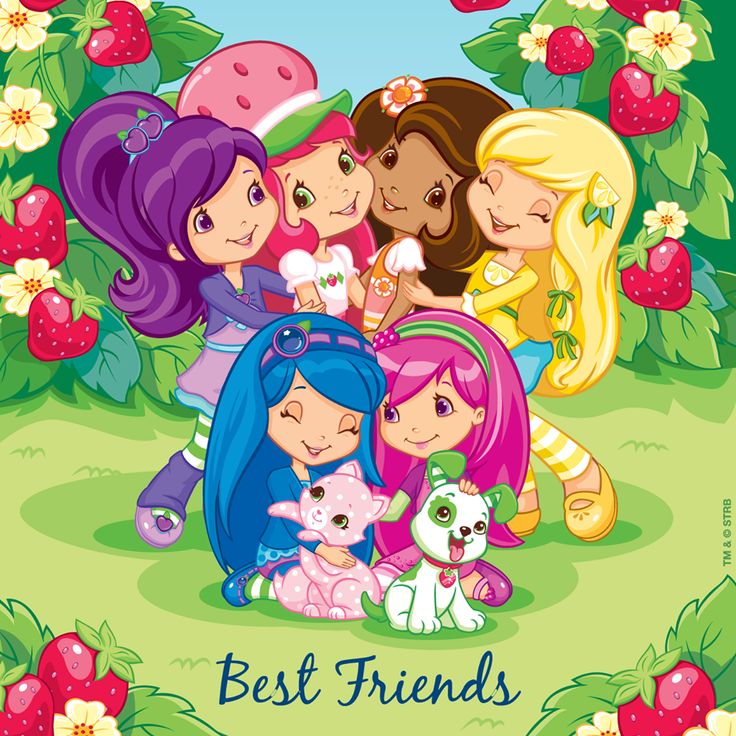 the best friends poster is shown in front of some flowers and strawberries with two girls hugging