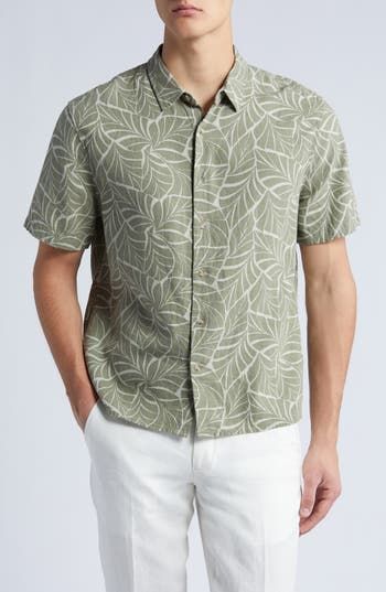 Catch your own shade under the waving palms of this button-up shirt cut for an eased, relaxation-enhancing fit from a cool, breathable linen blend. 28" length; 44" chest (size Medium) Front button closure Spread collar Short sleeves 54% linen, 46% viscose Dryclean ior machine wash, tumble dry Imported Wedding Hawaiian Shirt, Short Sleeve Linen Shirt Men, Green Hawaiian Button-up Shirt, Green Unstructured Casual Tops, Relaxed Fit Beach Shirt With Button Closure, Green Casual Unstructured Top, Beach Short Sleeve Shirt With Relaxed Fit, Relaxed Fit Short Sleeve Shirt For Beach, Green Casual Shirt For Vacation