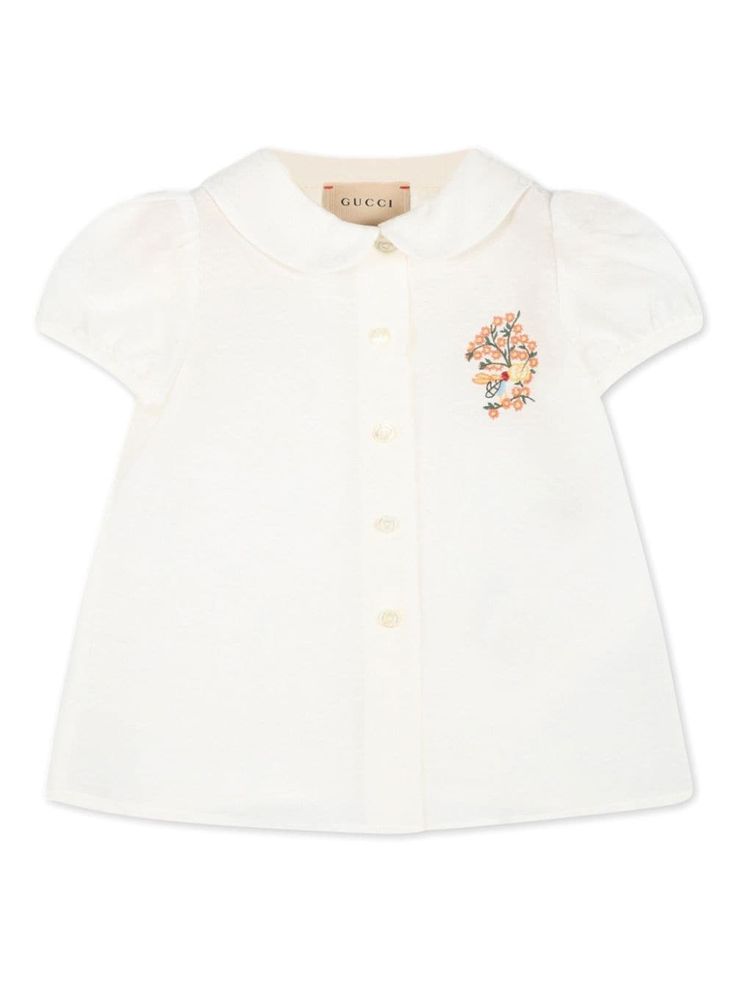 white cotton jacquard G monogram motif floral embroidery front button fastening round neck short puff sleeves straight hem G Monogram, Jacquard Blouse, Dress With Jean Jacket, Baby Boy Accessories, Gucci Kids, Burberry Kids, Dolce And Gabbana Kids, Stella Mccartney Kids, Blouse White