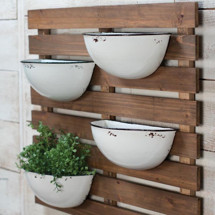 three white bowls are hanging on a wooden rack with plants in them and one is empty