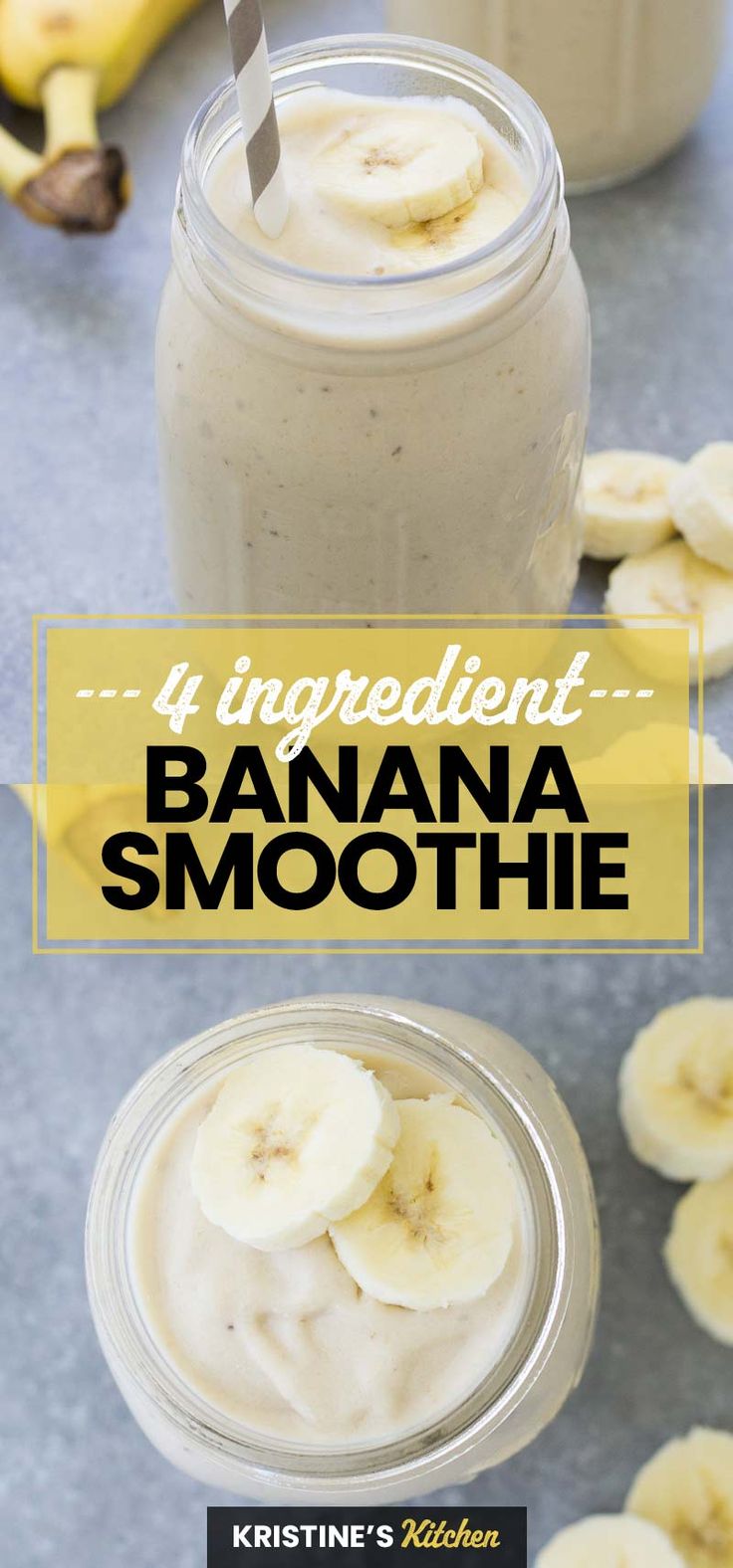 banana smoothie in a mason jar with bananas on the side and text overlay