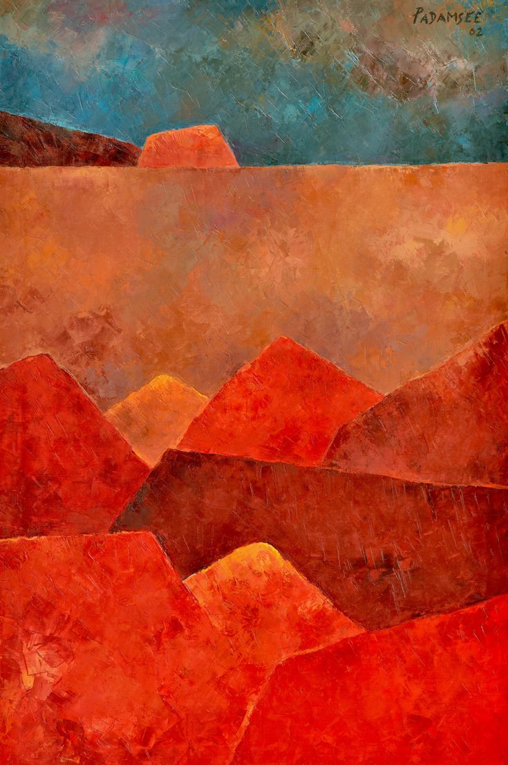 an abstract painting of red mountains and blue sky