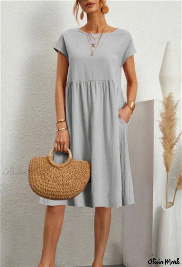 Olivia Mark - Fashionable Cotton Linen Round Neck Printed Maxi Dress Summer Dresses Knee Length, Boho Midi Dress, A Line Shorts, Women's Robe, Round Neck Dresses, Crewneck Dress, Mua Sắm, Linen Dresses, Types Of Skirts