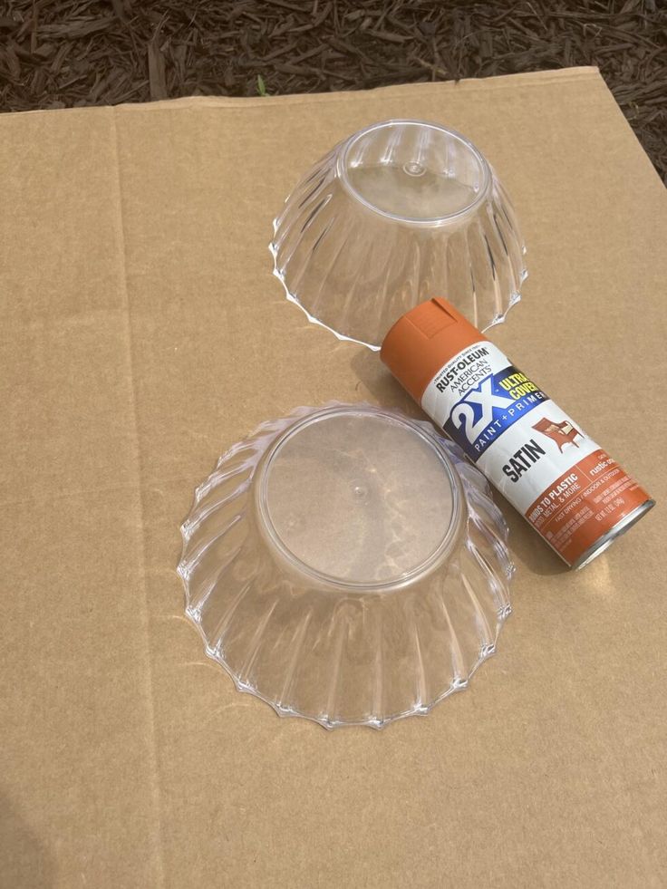 two clear plastic plates and an orange paint can on top of a cardboard box with brown grass in the background