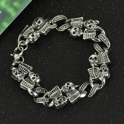 Ghastly Glam: Spook up your style with this grim glimmer of gothic grace. A vintage-inspired skeleton bracelet to die for, this macabre metallic memento mori makes a killer cryptic cuff for your creepy couture. Cast in antiqued silver and accented with a dastardly dark patina, this bony bauble is a hauntingly hip Halloween essential and morbidly marvelous statement piece. Material: Alloy Product specifications: bracelet length 20cm, width 1.5cm. Glam Skeleton, Punk Bracelets, Skeleton Vintage, Skeleton Bracelet, Goth Men, Amethyst Rock, Gothic Bracelet, Punk Skull, Goth Guys