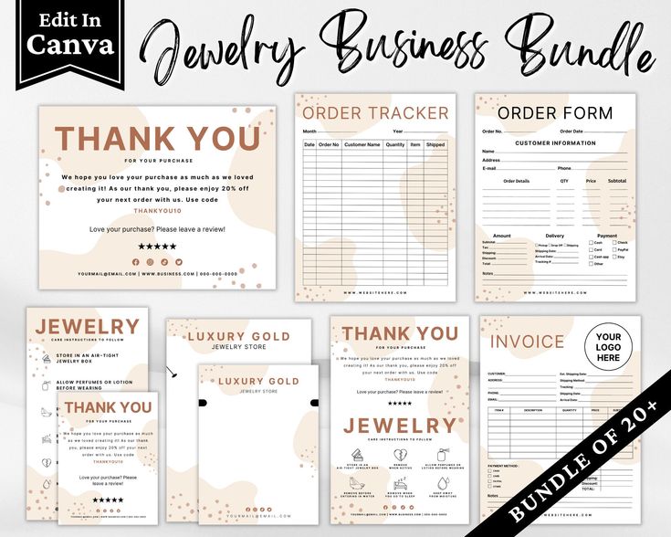 the jewelry business bundle includes an order form, thank card and other items