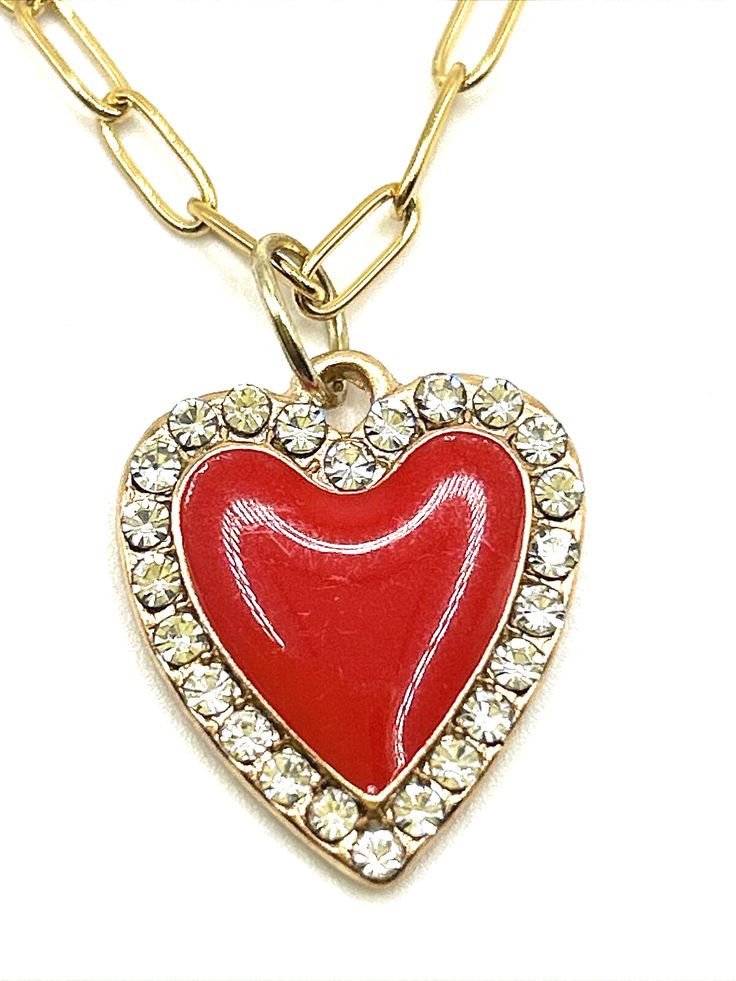 This adorable necklace makes the perfect gift for Valentine's Day. A lovely gift bag is included! Created with nickel free stainless steel paperclip link chain, alloy red enamel crystal heart charm, lobster clasp. The necklace measures 18 inches with a 2 inch chain extender that has a cute little dangle heart charm.  Check out the Valentine's Day category in my ebay store for more! Item is brand new, carded and bagged. Free gift bag with every purchase! This one-of-a-kind item was handmade with Valentine's Day Pendant Chain Necklace, Valentine's Day Pendant Chain Jewelry, Trendy Charm Necklaces For Valentine's Day, Valentine's Day Pendant Necklace With Chain, Trendy Charm Necklace With Chain For Valentine's Day, Trendy Charm Necklaces With Chain For Valentine's Day, Trendy Valentine's Day Heart Necklace With Chain, Trendy Heart-shaped Chain Necklace With Lobster Clasp, Vintage Heart Pendant Chain Necklace For Valentine's Day