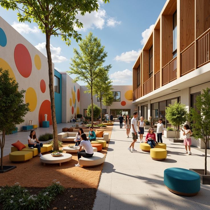 people are sitting and walking around in an open courtyard area with colorful circles on the walls