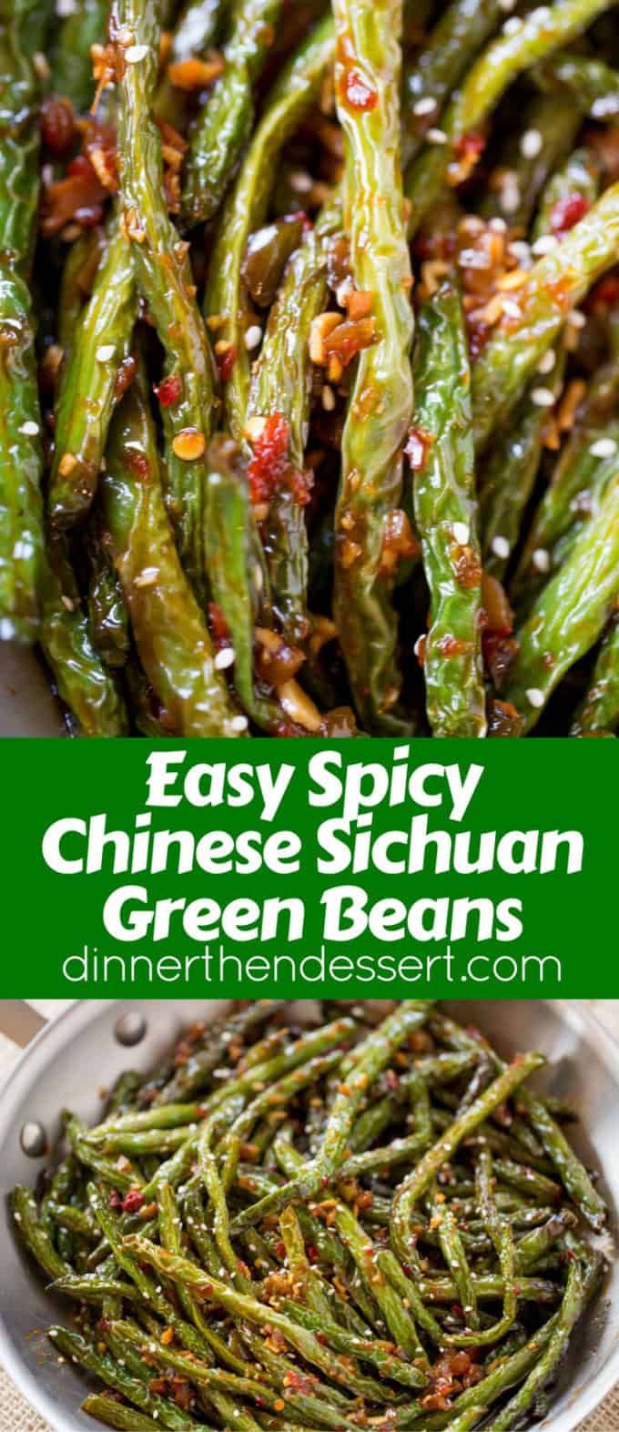 green beans in a bowl with sauce on top and the words easy spicy chinese schnitz