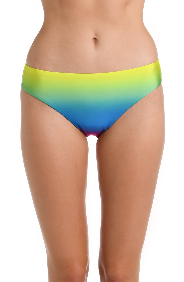 Model is wearing a multicolored Hipster Swimsuit Bottom Vibrant Fitted Poolside Bottoms, Vibrant Fitted Bottoms For Poolside, Stretch Multicolor Surfing Bottoms, Stretch Multicolor Bottoms For Surfing, Tropical Multicolor Tie-side Bottoms, Vibrant Summer Swimming Bottoms, Vibrant Summer Swim Bottoms, Multicolor Tie-side Bottoms For Beach Season, Vibrant Stretch Swimwear For Pool