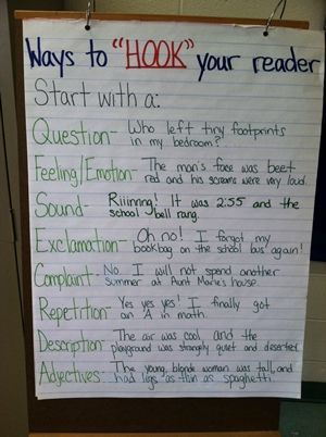 a sign with writing on it that says, ways to hook your reader start with a question