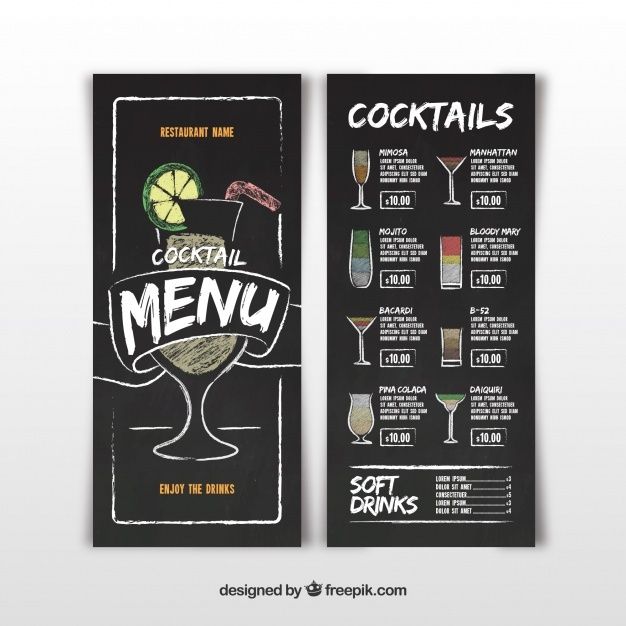 a menu for cocktails and drinks on a chalkboard