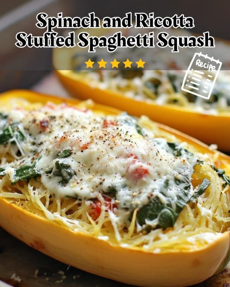 spinach and ricotta stuffed spaghetti squash is shown on a baking sheet with text overlay reading spinach and ricotta stuffed spaghetti