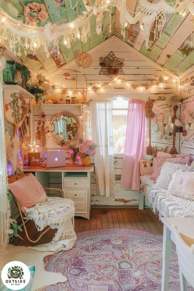 a bedroom decorated in pastel colors with lots of lights and decorations on the ceiling