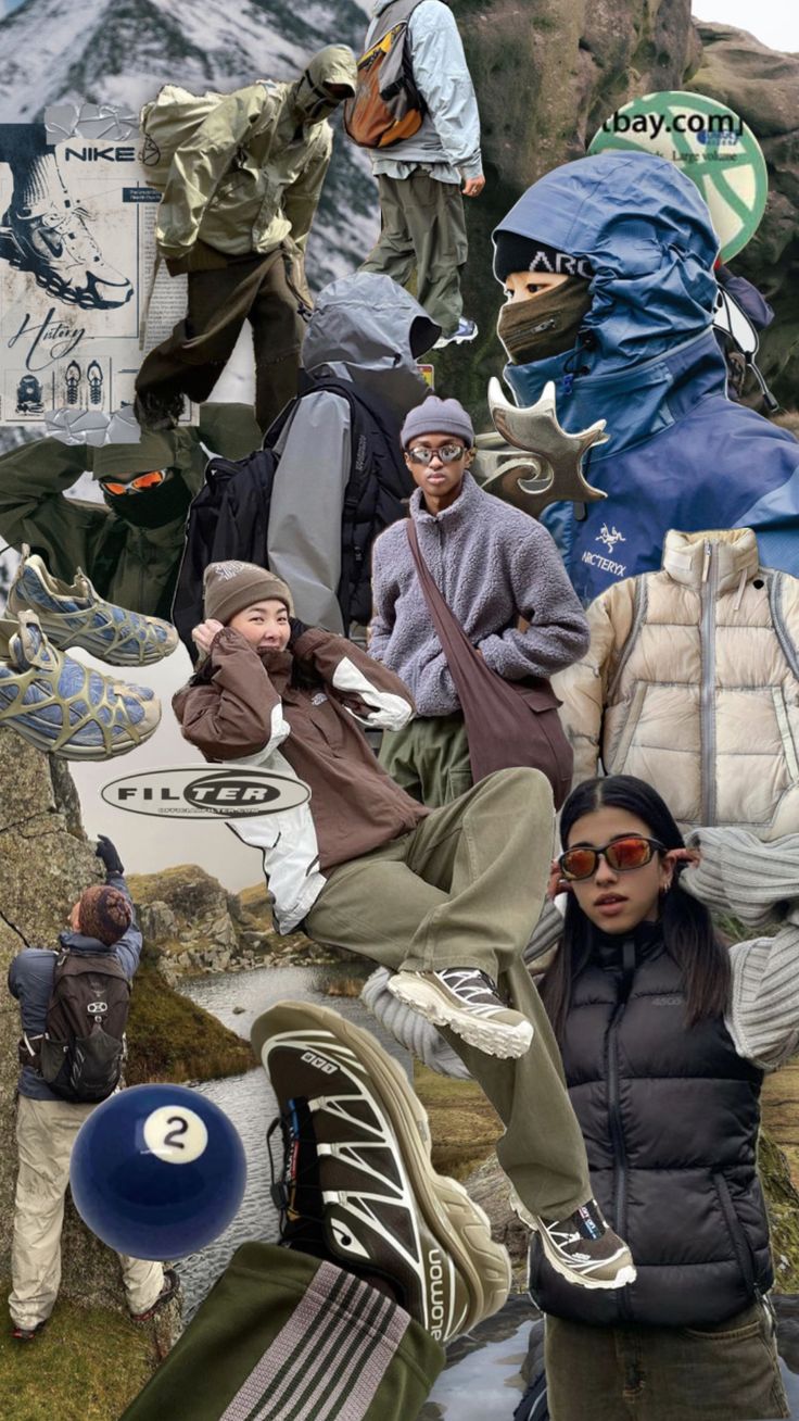 a collage of people with snowboards and skis