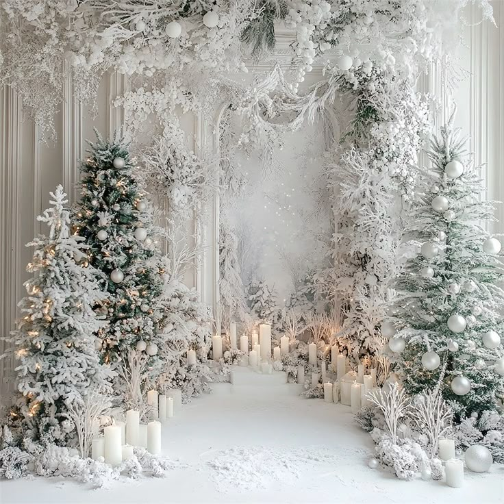 a white christmas scene with candles and trees