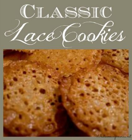 some cookies are stacked on top of each other with the words classic lace cookies above them