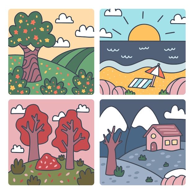 four different landscapes with trees and houses