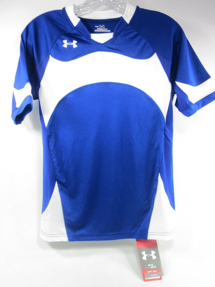 a blue and white soccer jersey is hanging on a hanger next to a tag