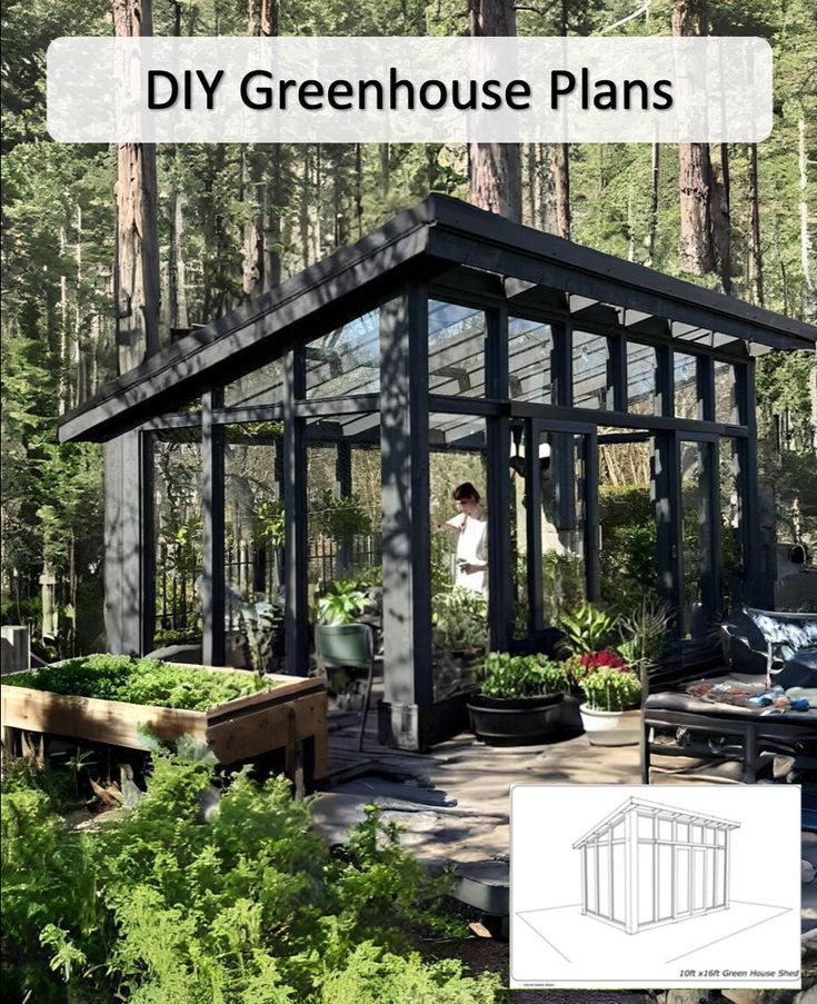 an image of a greenhouse in the woods with text overlay that reads diy greenhouse plans