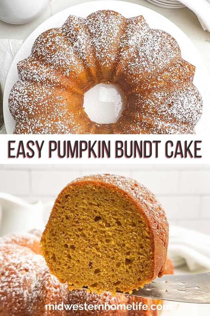 two pictures side by side one has a bundt cake and the other has powdered sugar on top