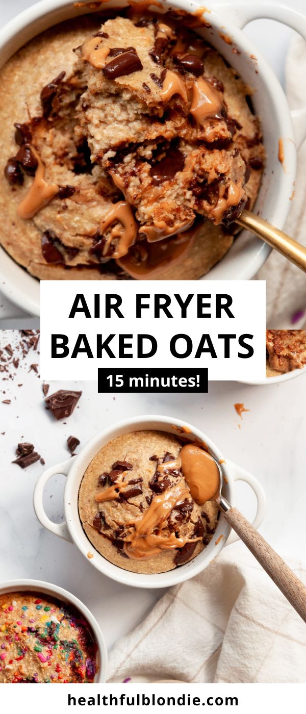 baked oatmeal in a white bowl with text overlay that reads air fryer baked oats