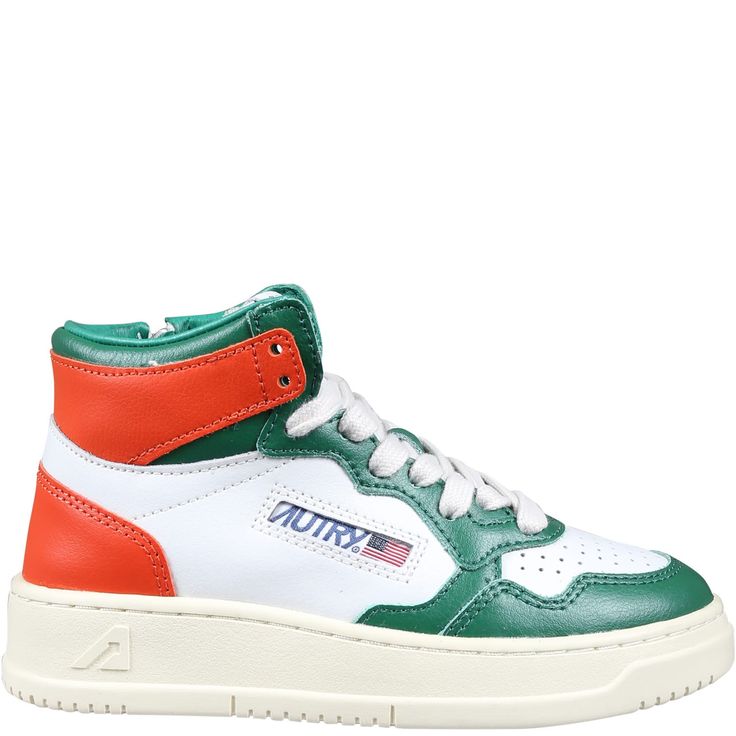 Color: Multicolor Medalist mid-top multicolor sneakers, upper in white leather with stitching defining the shape of multi-layer inserts in green and pink leather, perforated toe for better breathability, flat cotton laces. Leather tongue with tonal label and foam padding. Padded ankle collar with contrast insert. Zipper at side interior. Leather and cotton terry lining. Rubber sole with logo. Shoe bag included. 100% Leather. Green Leather Lace-up High-top Sneakers, Multicolor Lace-up Sneakers With Perforations, Green High-top Basketball Shoes With Laces, Green High-top Sneakers With Contrast Sole For Streetwear, Green Low-top Leather Basketball Shoes, Green High-top Basketball Shoes With Contrast Sole, Green High-top Basketball Shoes With Branded Insole, Green Leather High-top Sneakers For Sports, Sporty Green Basketball Shoes With Contrast Sole