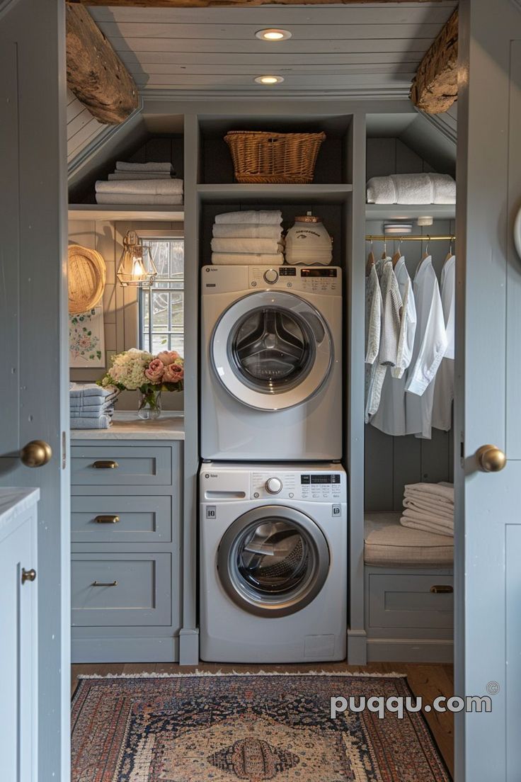 a washer and dryer in a closet with lots of linens on the shelves