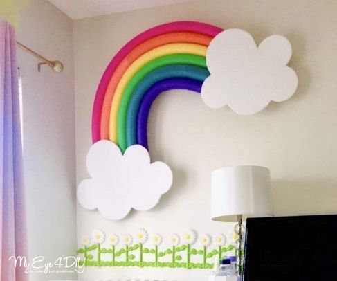 a white desk topped with a computer monitor next to a rainbow wall decal on the wall