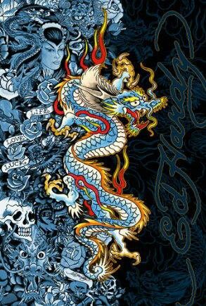 a dragon and skulls on a black background with the words,'chinese tattoo art '