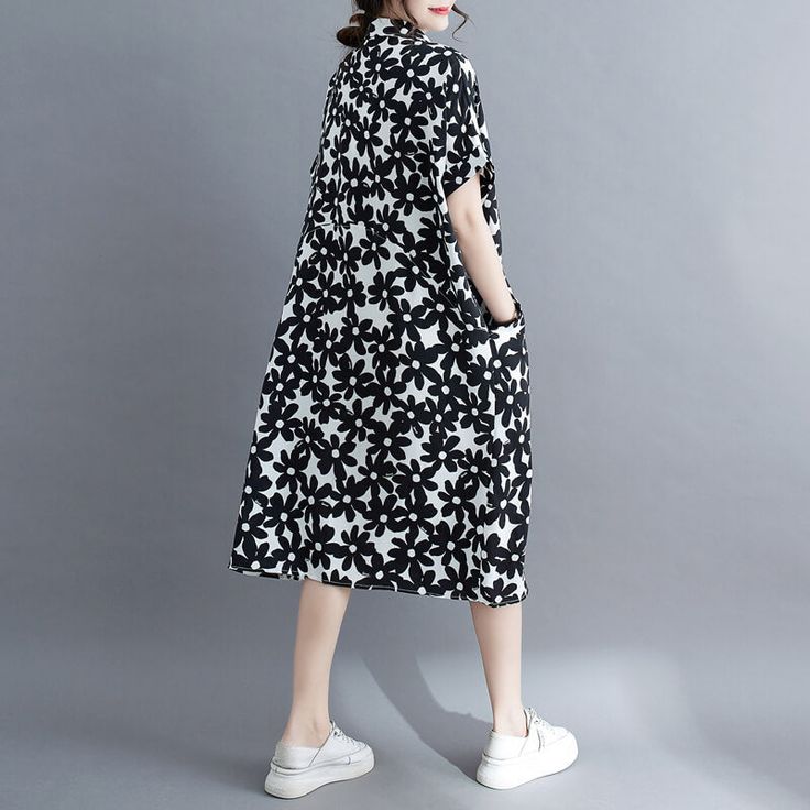 Gender: Women Item Type: Midi Dress Material: Cotton Season: Summer Style: Casual, Loose Size L Length: 100 cm/ 39.37 " Bust: 118 cm/ 46.46 " Sleeve Length: 33 cm/ 12.99 " Size XL Length: 102 cm/ 40.16 " Bust: 126 cm/ 49.16 " Sleeve Length: 34 cm/ 13.39 " Black Knee-length Shirt Dress For Summer, Black Cotton Shirt Dress For Spring, Black Collared Shirt Dress For Summer, Black Short Sleeve Relaxed Midi Dress, Black Relaxed Fit Short Sleeve Midi Dress, Black Relaxed Fit Shirt Dress For Spring, Black Cotton Shirt Dress For Summer, Black Cotton Relaxed Fit Shirt Dress, Black Cotton Shirt Dress With Relaxed Fit