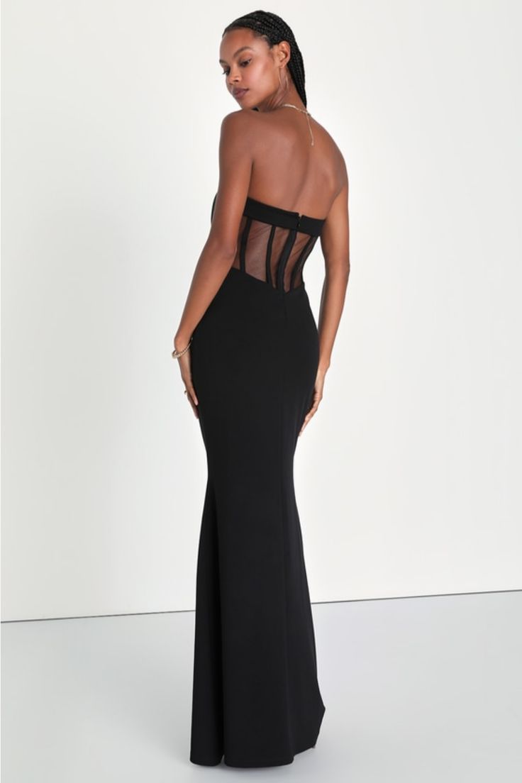 Heads are sure to turn when you walk in wearing the Lulus Iconic Arrival Black Strapless Bustier Mermaid Maxi Dress! Stretchy, crepe-knit fabric shapes this dramatic dress that has a bustier-inspired bodice with hidden supportive boning and no-slip strips. Pleated details decorate the front, while the back boasts sheer mesh panels for an eye-catching accent. Fitted waist tops a figure-skimming mermaid skirt that finishes at a maxi hem. Hidden zipper/clasp at back. Fit: This garment fits true to Fitted Corset Dress With Sweetheart Neckline For Evening, Elegant Stretch Strapless Elastane Dress, Elegant Strapless Stretch Dress, Elegant Stretch Strapless Dress In Elastane, Elegant Bodycon Corset Dress With Lined Bodice, Elegant Elastane Stretch Strapless Dress, Formal Fitted Evening Dress With Boning, Fitted Strapless Corset Dress For Gala, Fitted Evening Dress With Sheer Back And Sweetheart Neckline