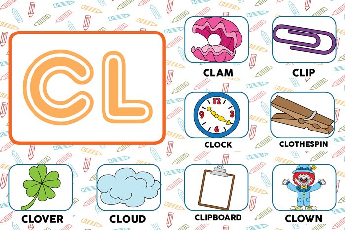 the letters and numbers are labeled in this graphic style, including clam, clock, clipboard, clover, clown, cloud, paperclaw