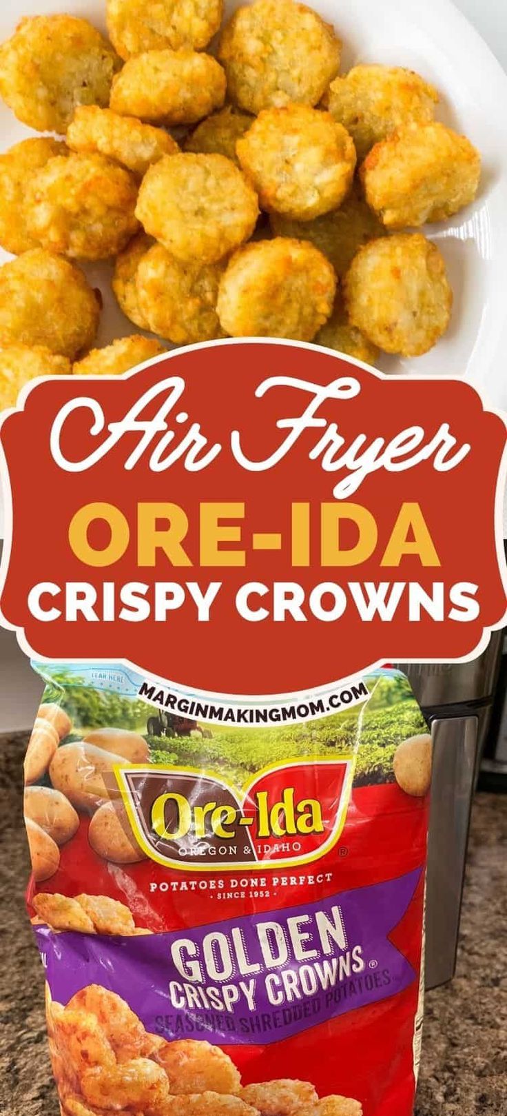 an open bag of crispy crowns next to a bowl of fried tater tots